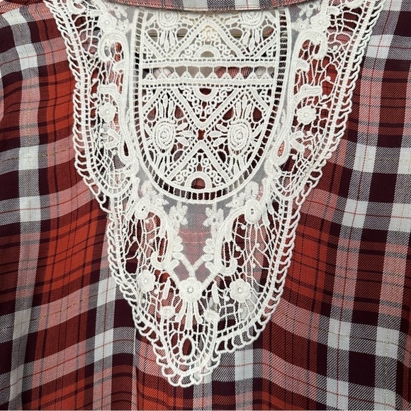 Linda Anderson Shirt Casual Button Up Plaid Unconventional Lace Red & White Sz S - Picture 7 of 11